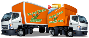 College hunks hauling junk and college hunks moving   dual truck cartoon logo of a moving company truck and a junk removal company truck